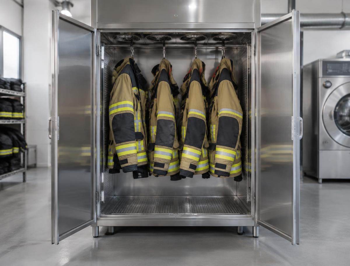 Feuerwehrjacken hängen im Trockenschrank der Spezialwäscherei