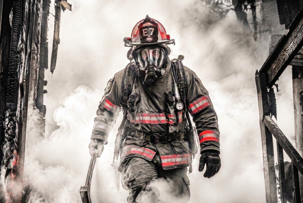 Feuerwehrmann in Schutzkleidung im Einsatz